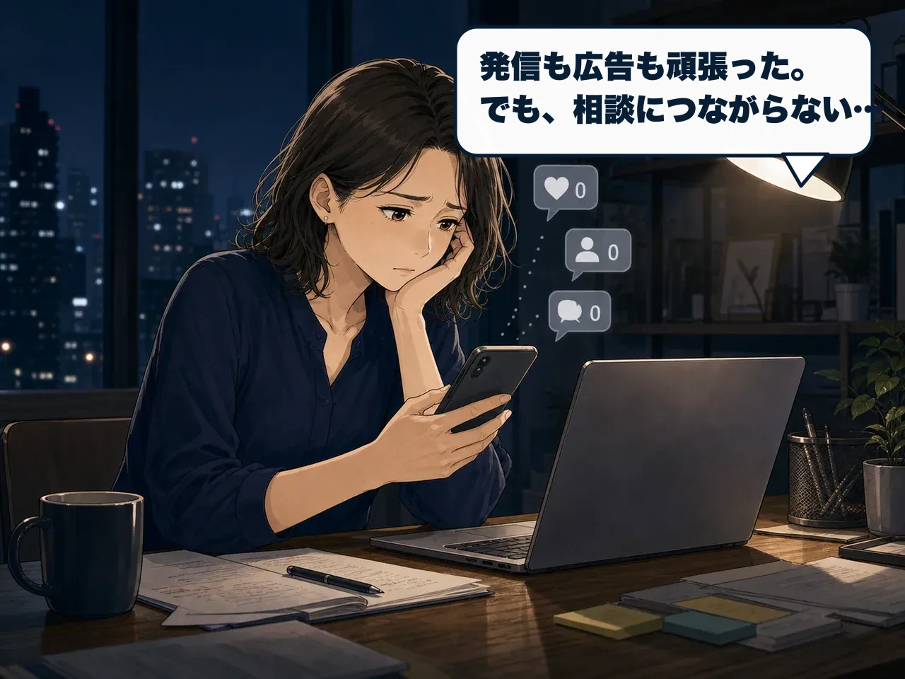 発信や広告を続けても相談につながらず悩む事業者の漫画