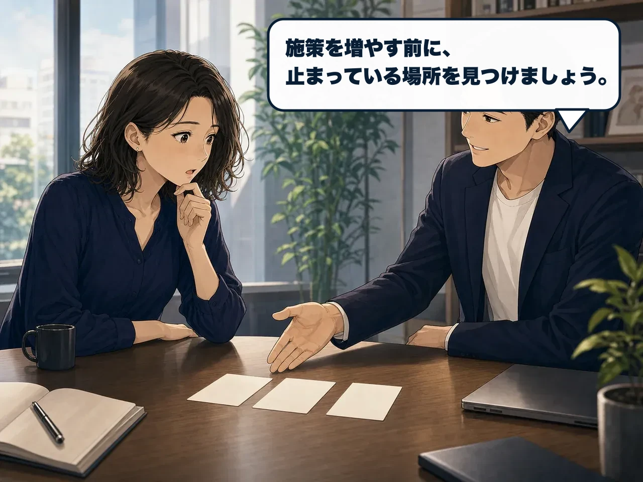 専門家と一緒に施策が止まっている場所を整理する漫画