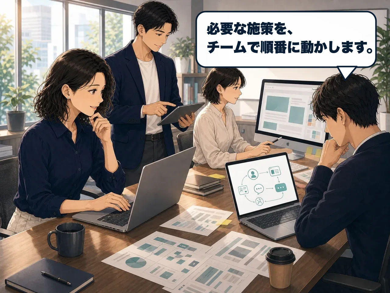 必要な専門チームが施策を順番に実行する漫画