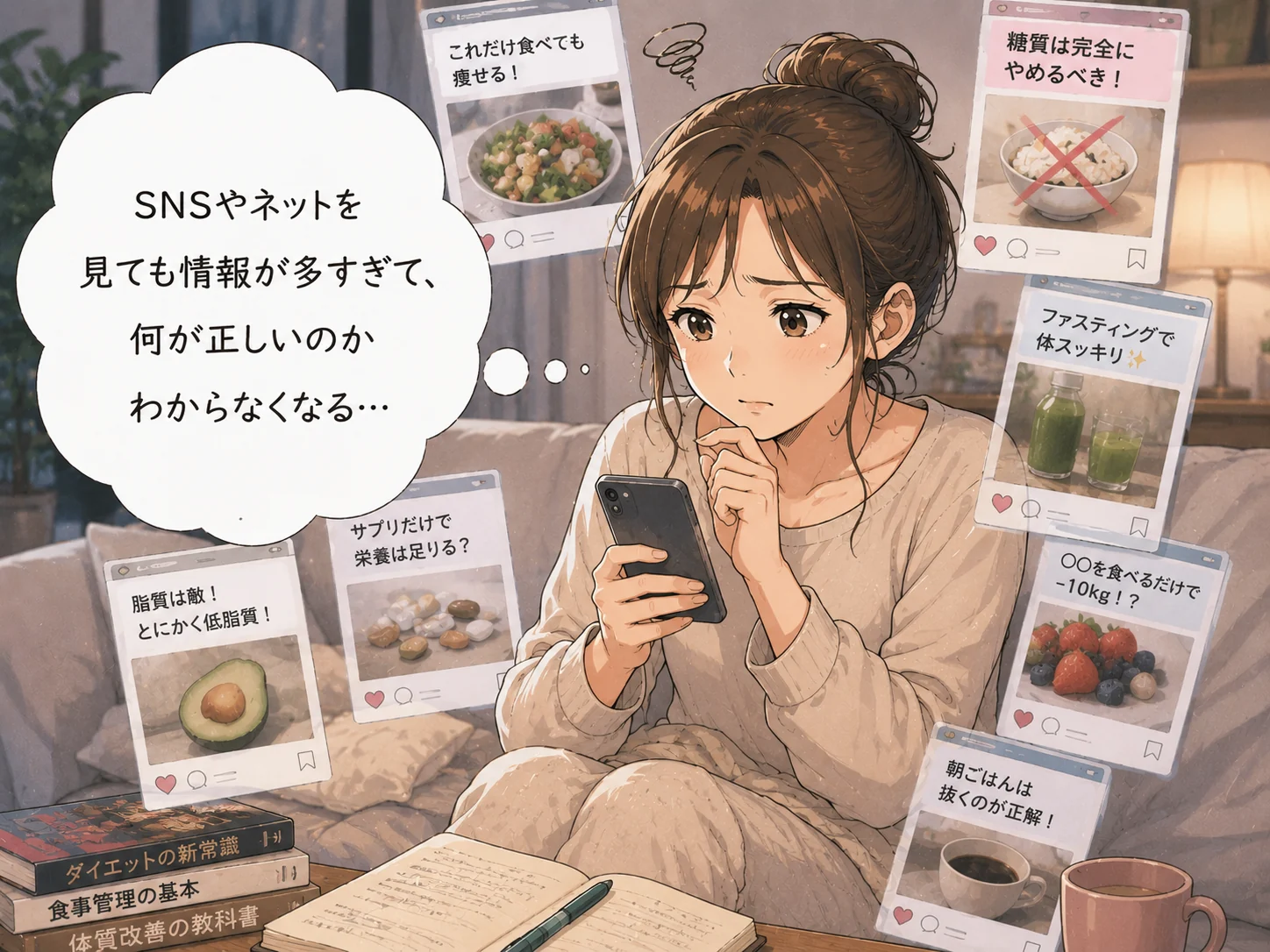 SNSやネットで情報を見すぎて迷う女性