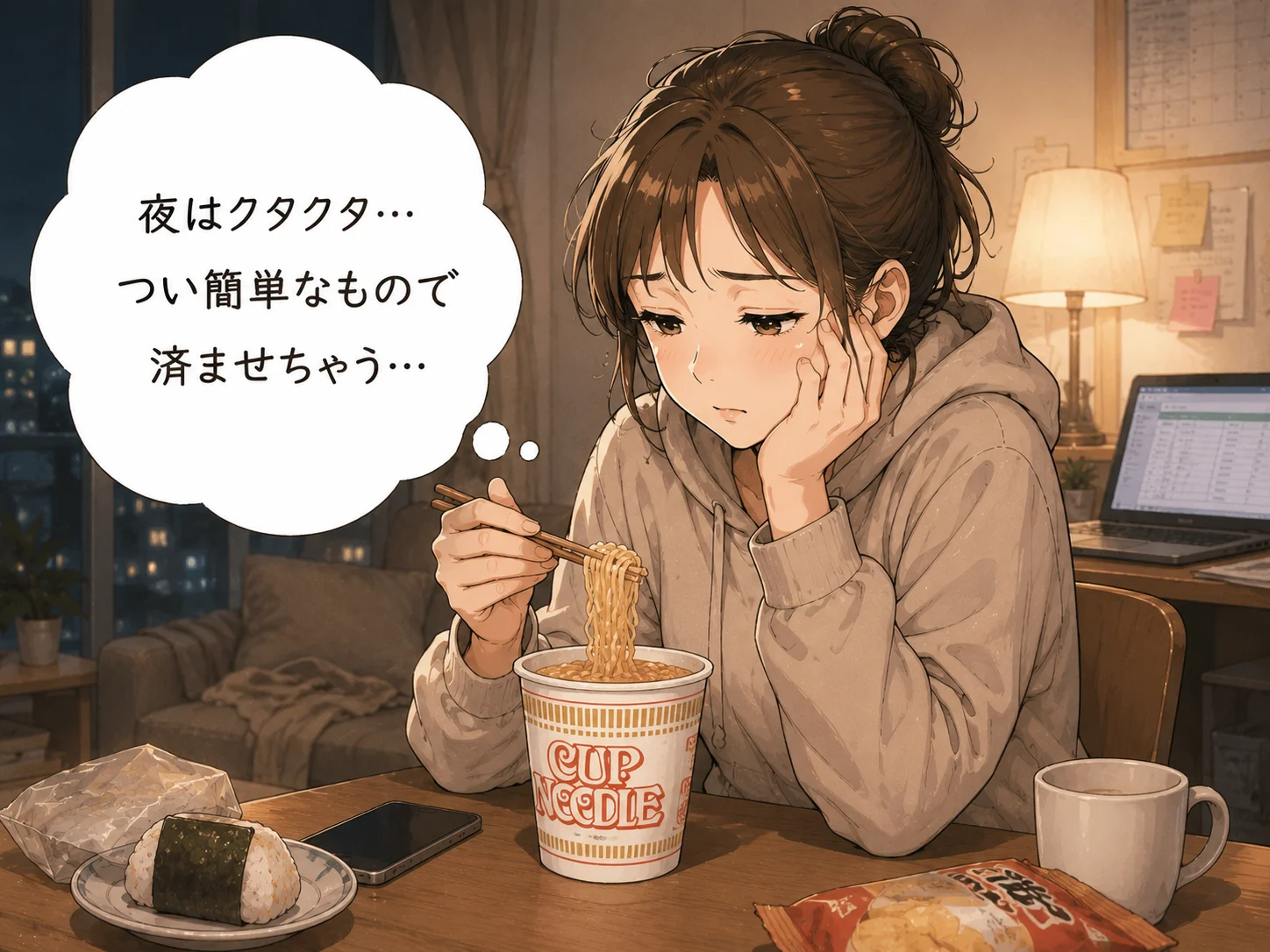 夜は疲れて簡単な食事になりがちなシーン